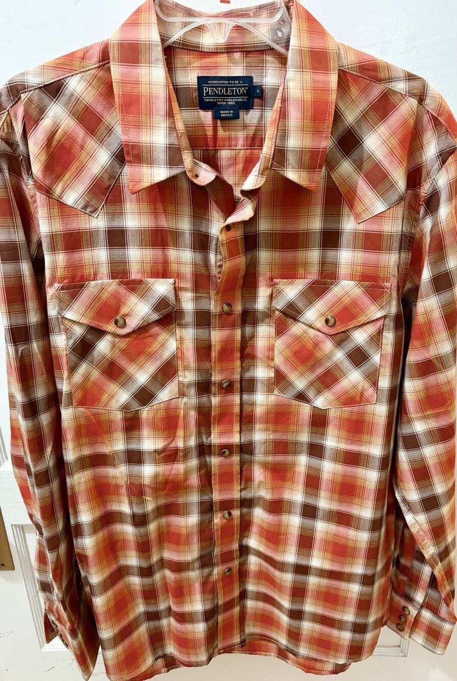 V-6 Pendleton Men's Snap Bishop Shirt, Red/Brown/Tan Plaid 100% Pima Cotton